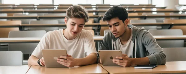 Étudiants PASS révisant sur tablettes dans amphithéâtre universitaire moderne à Bobigny