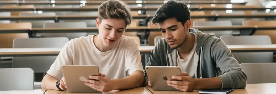 Étudiants PASS révisant sur tablettes dans amphithéâtre universitaire moderne à Bobigny