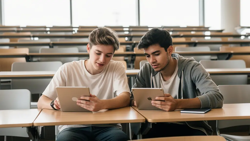 Étudiants PASS révisant sur tablettes dans amphithéâtre universitaire moderne à Bobigny