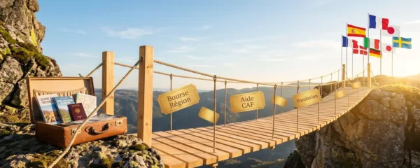 Pont en bois suspendu entre deux falaises, avec une valise ouverte d'un côté et des drapeaux internationaux de l'autre, parsemé de tickets dorés portant les mentions de différentes aides financières en français