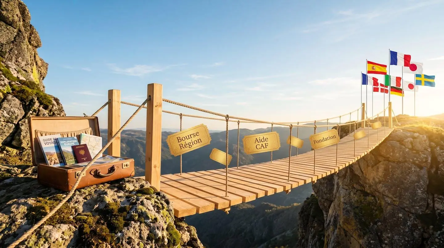 Pont en bois suspendu entre deux falaises, avec une valise ouverte d'un côté et des drapeaux internationaux de l'autre, parsemé de tickets dorés portant les mentions de différentes aides financières en français